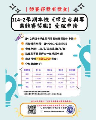 《師生參與專業競賽獎勵》即日起開始受理申請囉圖片